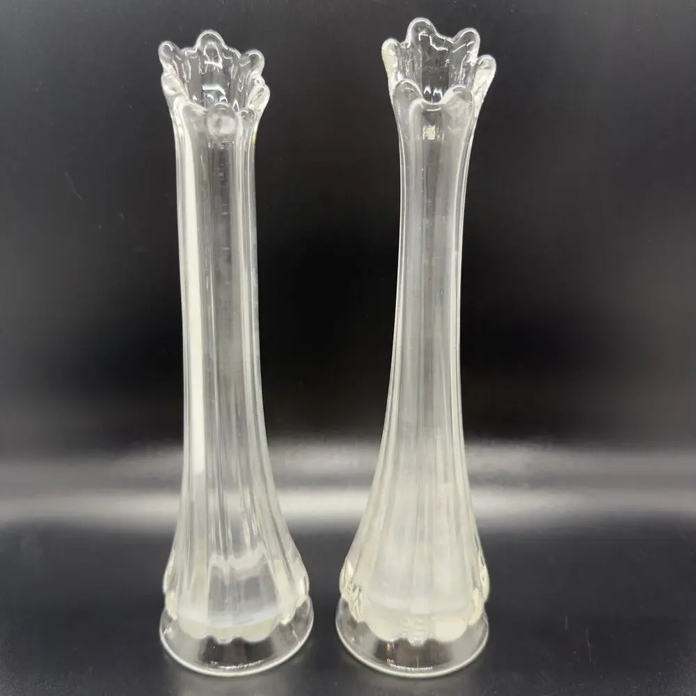 Vintage Swung Glass Bud Vase Pair Ribbed 8in Clear 6 Finger Stretched MCM